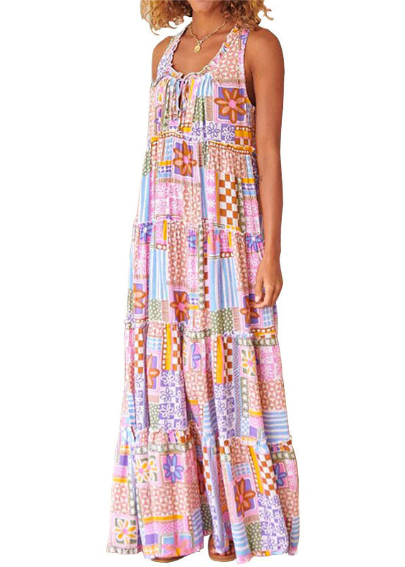 Women Pink Ruffled Print Cotton Long Dresses Sleeveless AA1029