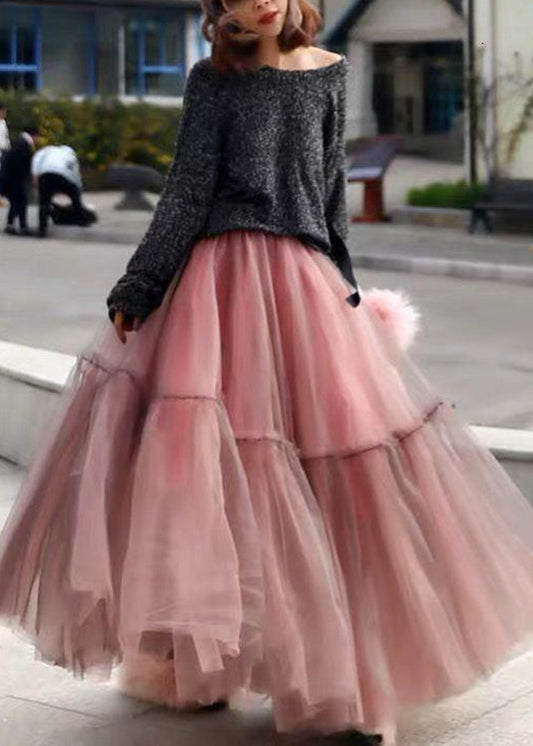 Women Pink Ruffled Tulle Cinched Circle Fall Skirt AM1001