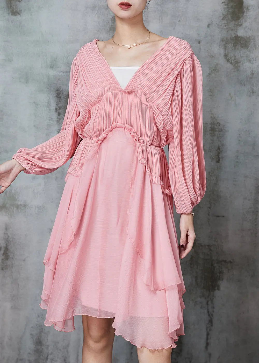 Women Pink Ruffled Wrinkled Chiffon Mid Dress Spring Ada Fashion