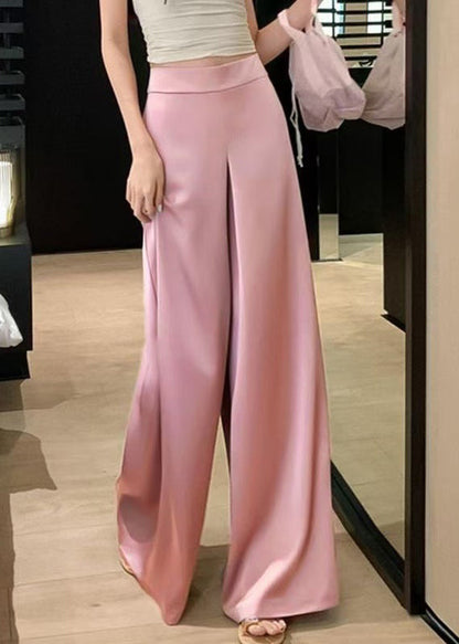 Solid Pink Waist Silk Pants Summer High Leg Women Wide