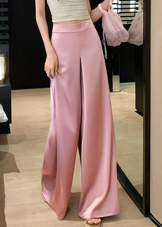 Solid Pink Waist Silk Pants Summer High Leg Women Wide