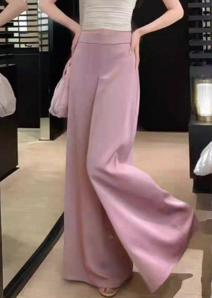 Solid Pink Waist Silk Pants Summer High Leg Women Wide