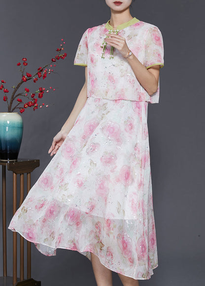 Robe d'été en soie à imprimé patchwork à pompons rose pour femme SD1058