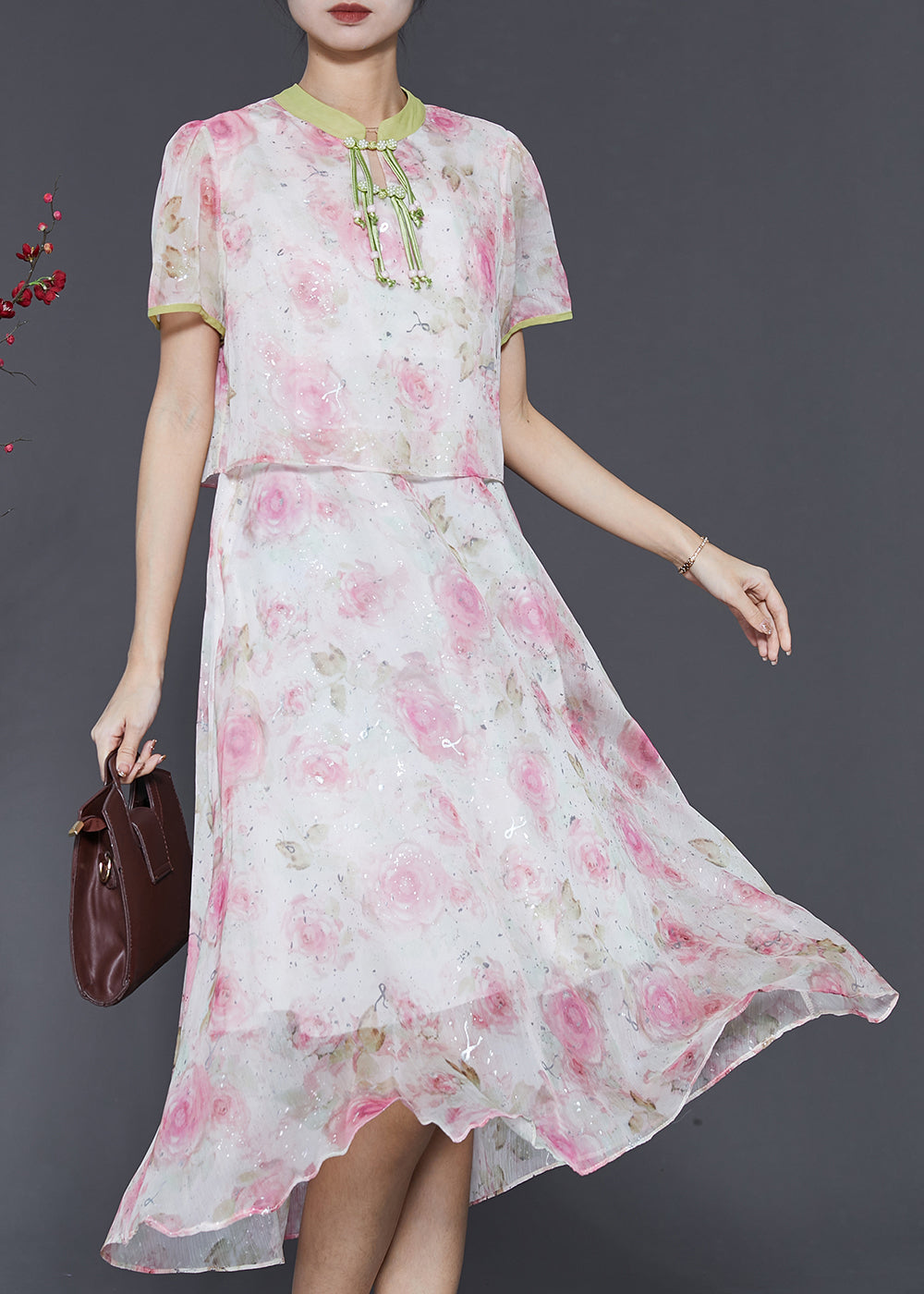 Women Pink Tasseled Patchwork Print Silk Dress Summer SD1058