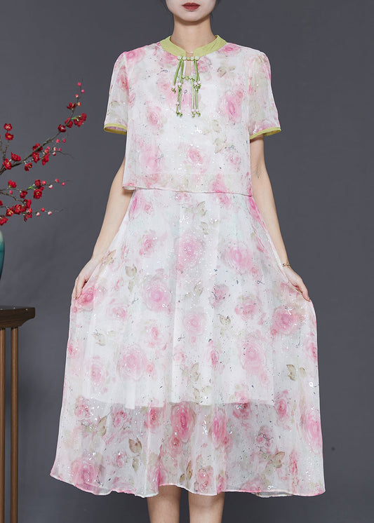 Women Pink Tasseled Patchwork Print Silk Dress Summer SD1058