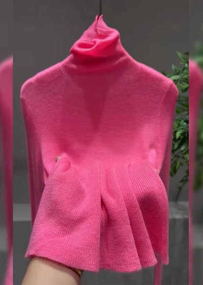 Frauen Rosa Rollkragen Baumwolle Strick Pullover Tops Frühling TO025