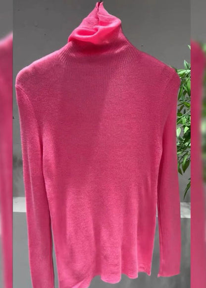 Frauen Rosa Rollkragen Baumwolle Strick Pullover Tops Frühling TO025