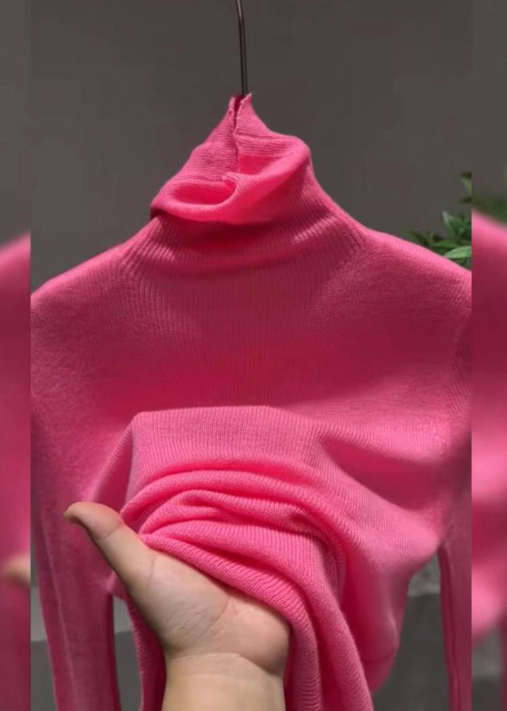 Frauen Rosa Rollkragen Baumwolle Strick Pullover Tops Frühling TO025