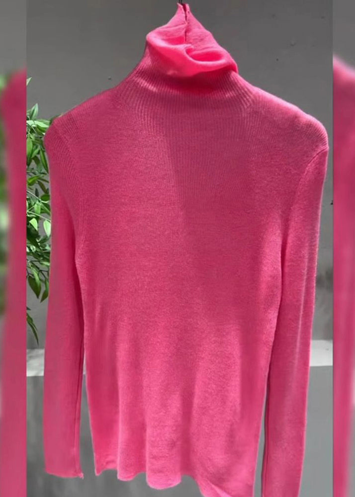 Frauen Rosa Rollkragen Baumwolle Strick Pullover Tops Frühling TO025