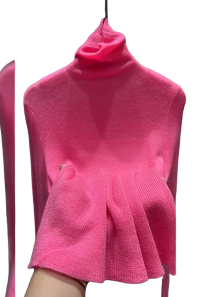Frauen Rosa Rollkragen Baumwolle Strick Pullover Tops Frühling TO025