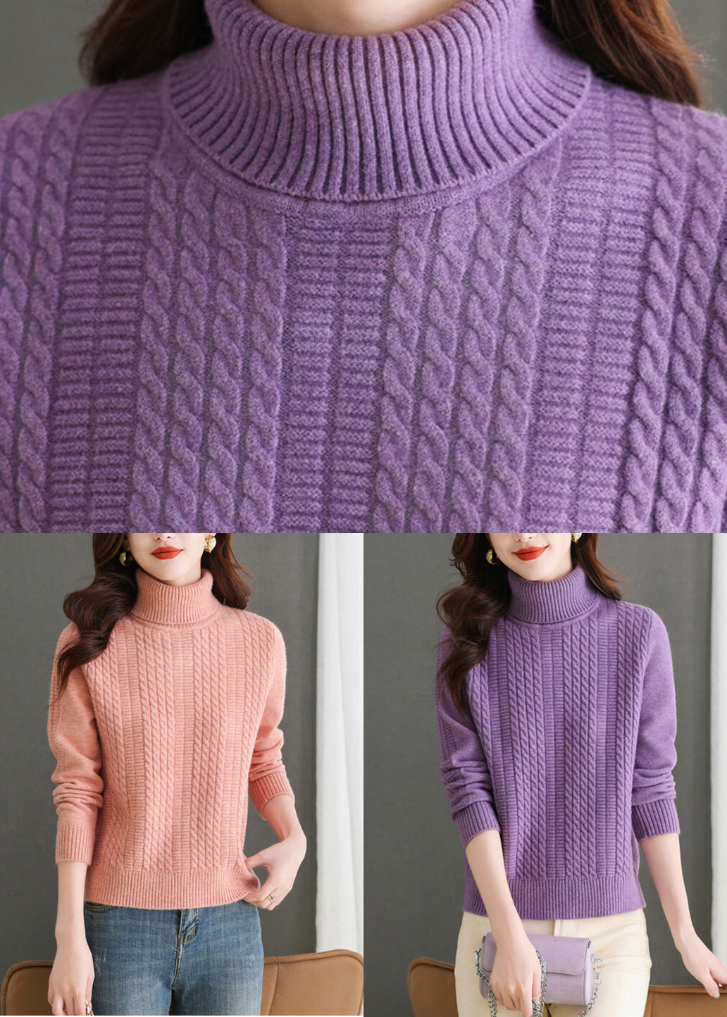 Damen Rosa Rollkragenpullover Solid Strickpullover Winter WL010