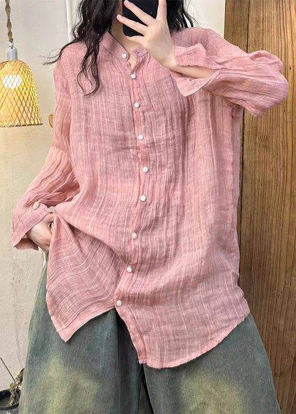 Falten Solid Pink Button Frühling Leinen Damen Hemd
