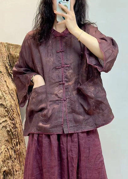 Women Purple Button Pockets Linen Shirt Spring VV034