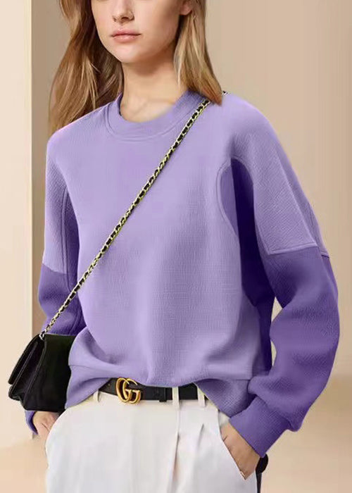 Sweat-shirt en coton patchwork violet à col rond pour femme Automne WK018