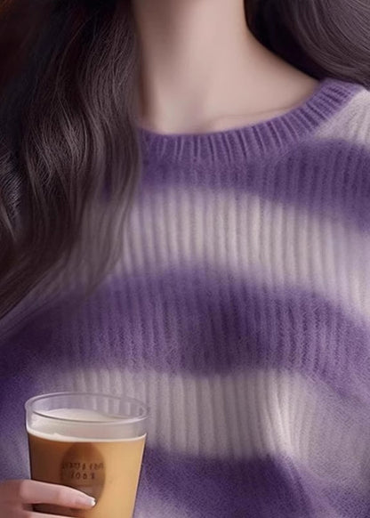 Women Purple O Neck Striped Cozy Knit Sweater Winter WK004