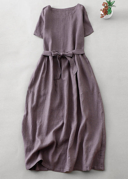 Robe longue en lin violet à col rond et poches à la taille pour femme, été AH596