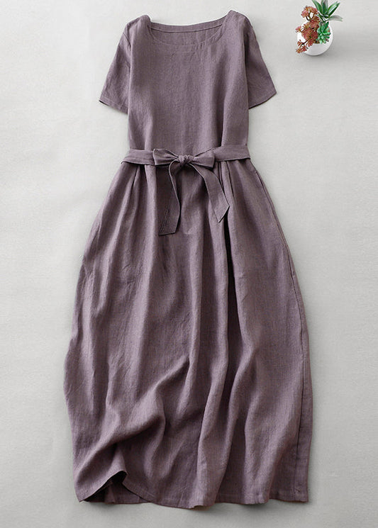 Women Purple O Neck Tie Waist Pockets Linen Long Dress Summer AH596