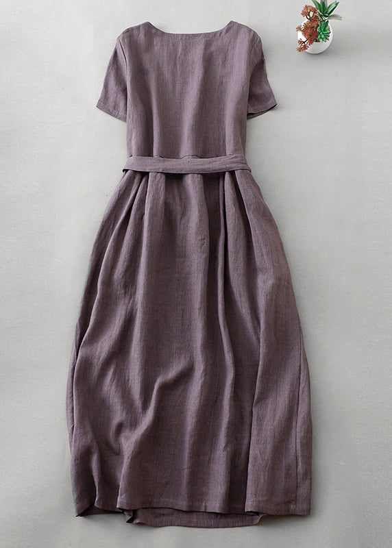 Women Purple O Neck Tie Waist Pockets Linen Long Dress Summer AH596