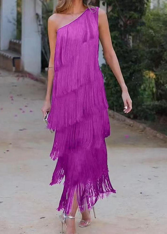 Robes à épaules dénudées et à franges sans manches pour femmes, couleur violette
