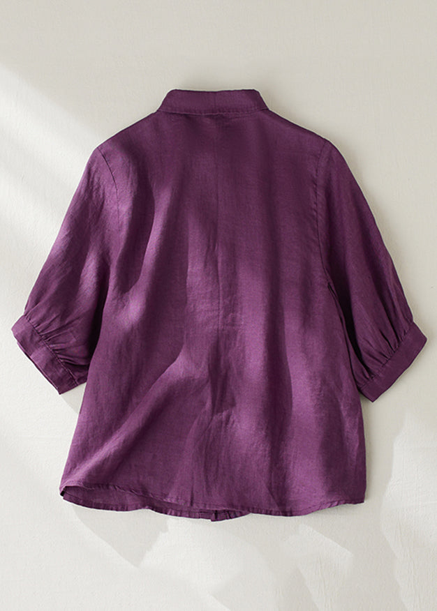 Women Purple Peter Pan Collar Button Linen Blouse Summer GG031