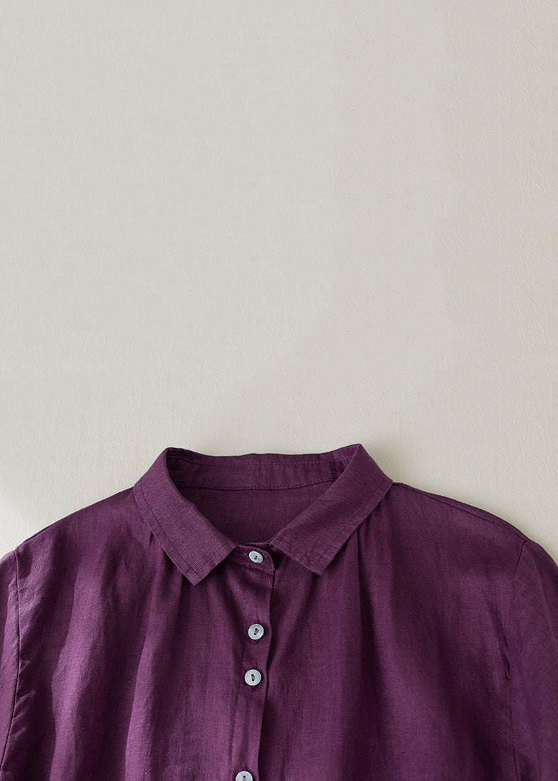 Women Purple Peter Pan Collar Button Linen Blouse Summer GG031