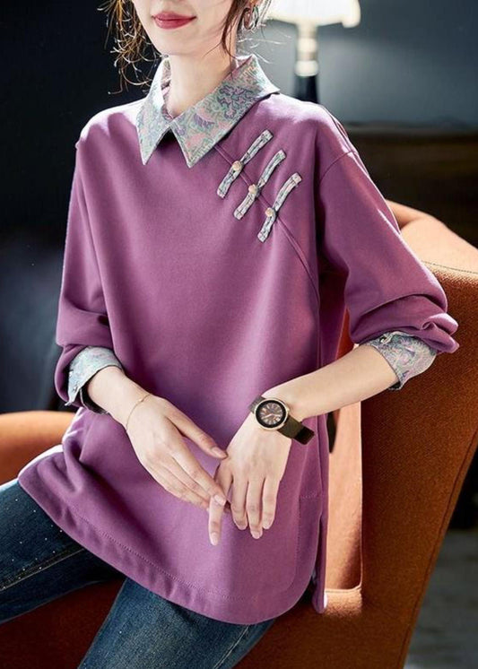 Sweat-shirt en coton patchwork violet à col Peter Pan pour femme, printemps RL047