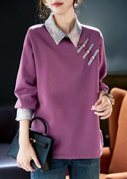Sweat-shirt en coton patchwork violet à col Peter Pan pour femme, printemps RL047