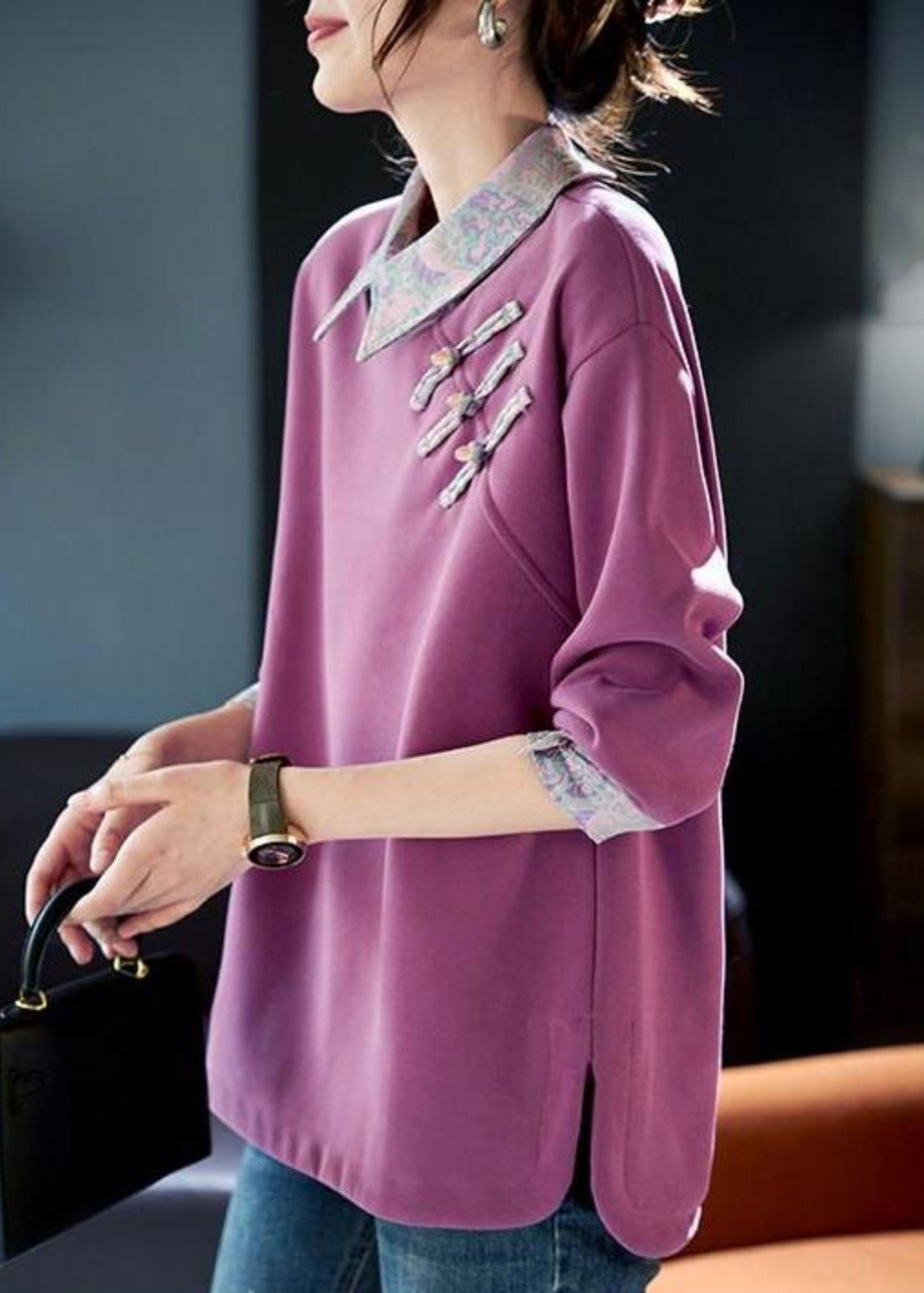 Sweat-shirt en coton patchwork violet à col Peter Pan pour femme, printemps RL047