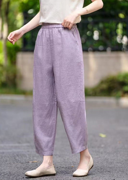 Pantalon élastique d'été avec poches pour femme, taille haute en lin, violet