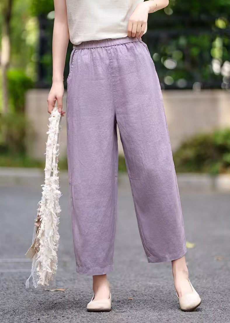Pantalon élastique d'été avec poches pour femme, taille haute en lin, violet