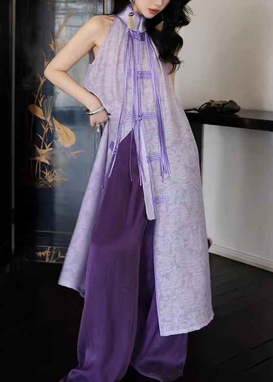 Women Purple Stand Collar Asymmetrical Button Tassel Maxi Dresses Summer UU1032