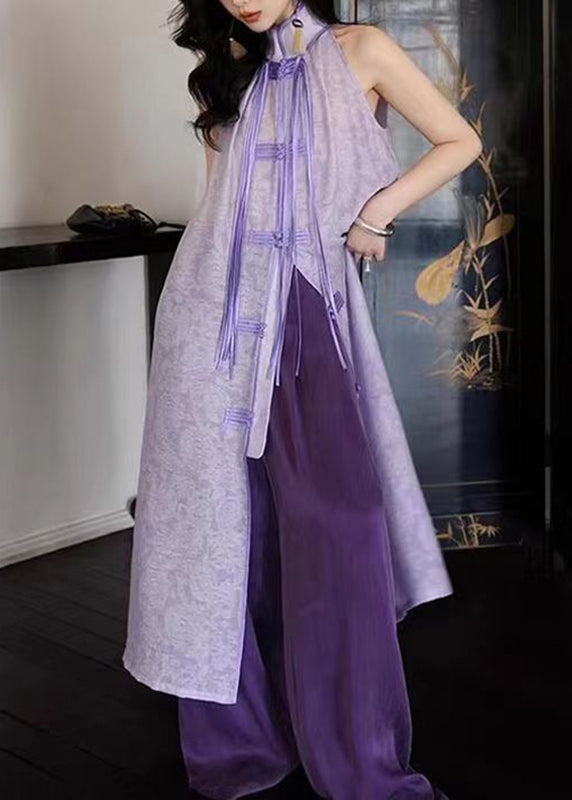 Women Purple Stand Collar Asymmetrical Button Tassel Maxi Dresses Summer UU1032