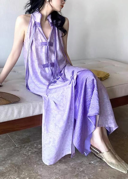 Robe longue violette à col montant et à pompons asymétriques pour femmes, été UU1032