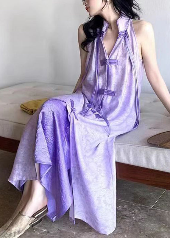 Women Purple Stand Collar Asymmetrical Button Tassel Maxi Dresses Summer UU1032