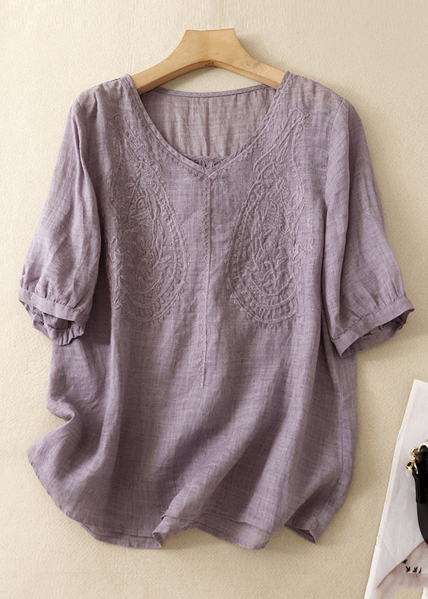 Women Purple V Neck Embroidered Linen T Shirt Summer GG016