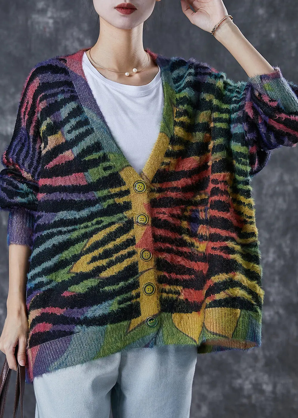 Women Rainbow Oversized Striped Knit Cardigan Winter Ada Fashion