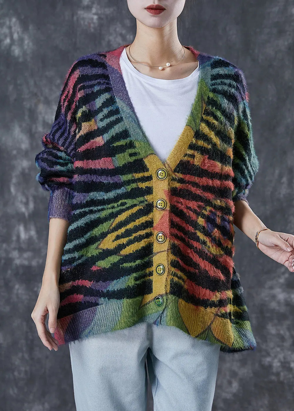 Women Rainbow Oversized Striped Knit Cardigan Winter Ada Fashion