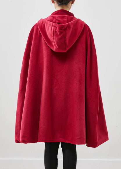 Women Red Hooded Chinese Button Warm Fleece Coats Cloak Sleeves Ada Fashion