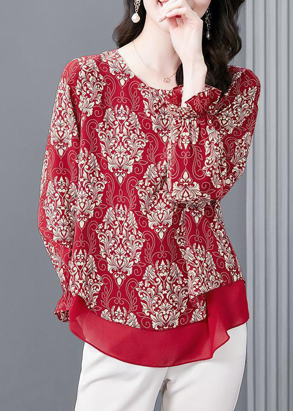 Frauen Rot O Neck Print Patchwork Chiffon Blusen Flare Ärmel OP1066