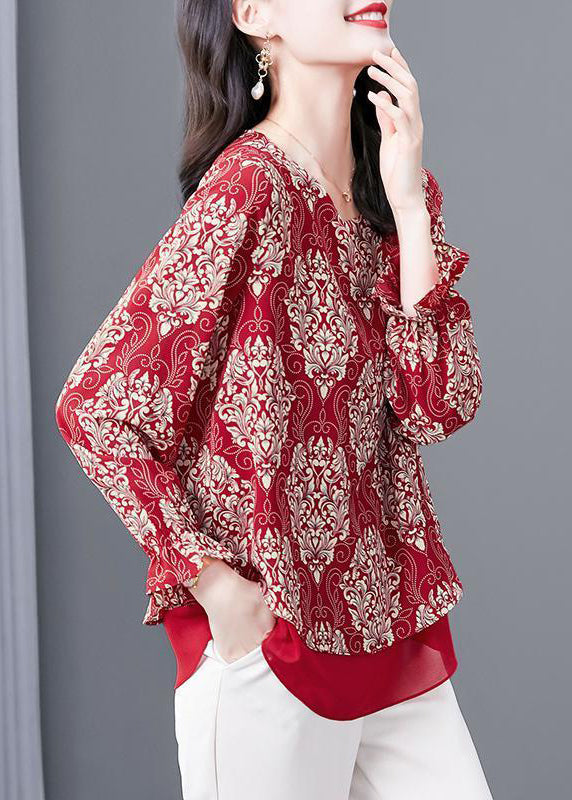 Frauen Rot O Neck Print Patchwork Chiffon Blusen Flare Ärmel OP1066