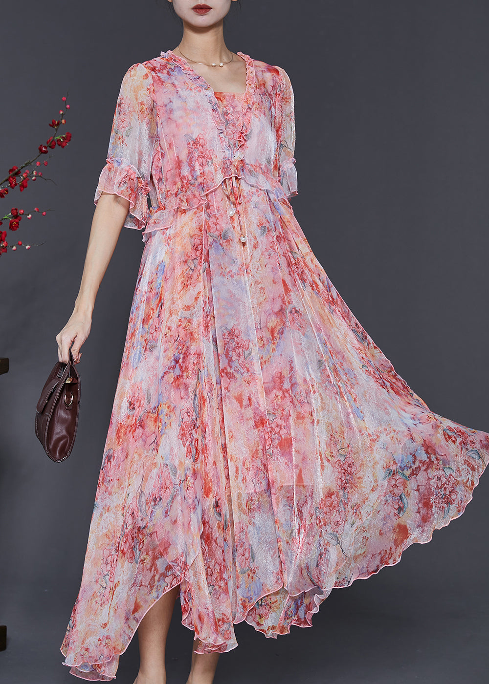 Women Red Ruffled Tie Dye Chiffon Robe Dresses Summer SD1085