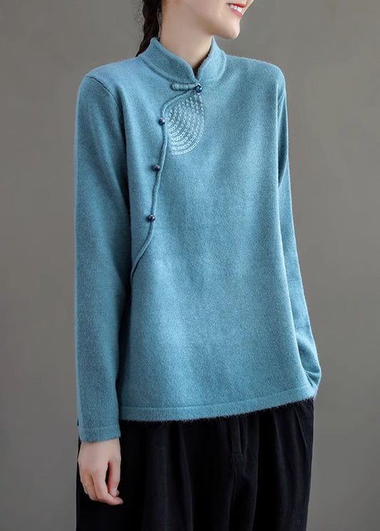 Frauen Retro Pfau Blau Stehkragen Strickpullover Frühling TI036