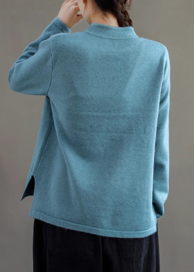Pull en tricot à col montant bleu paon rétro pour femme, printemps TI036