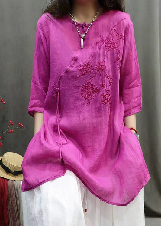 Women Rose Embroidered Cotton Shirt Top Half Sleeve QK022