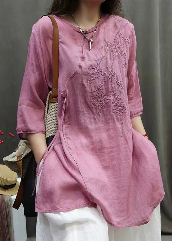 Women Rose Embroidered Cotton Shirt Top Half Sleeve QK022