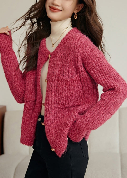 Frauen Rose O Neck Taste Taschen Baumwolle Stricken Mantel Frühling TF006
