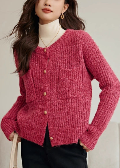 Frauen Rose O Neck Taste Taschen Baumwolle Stricken Mantel Frühling TF006