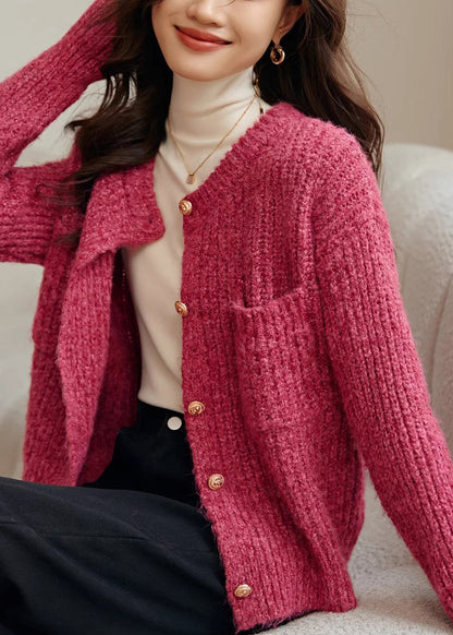 Frauen Rose O Neck Taste Taschen Baumwolle Stricken Mantel Frühling TF006