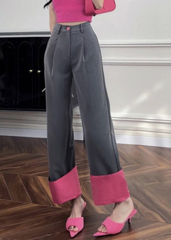 Women Rose Pockets Patchwork High Waist Straight Pants UU1011