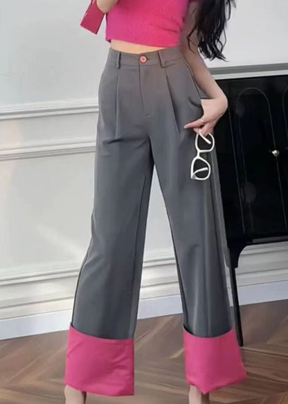 Pantalon droit taille haute avec poches roses pour femmes UU1011